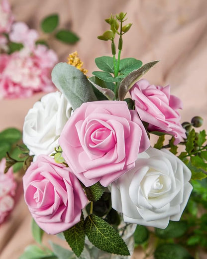 DuHouse 25Pcs Artificial Roses Flowers Fake Roses with Stems Real Touch Foam Flowers for DIY Wedding Bouquet Baby Shower Centerpiece Floral Arrangement Party Home Decor(Pink)