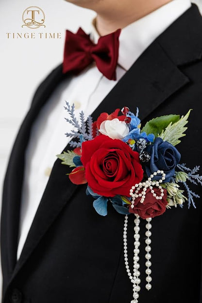 TINGE TIME Boutonniere for Men Wedding,Groom and Best Man Boutonniere for Wedding, Prom, Homecoming, Anniversary, Graduation, Christmas Dinner (1, Red & Navy Blue)
