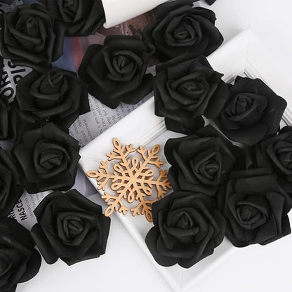 IPOPU Artificial Rose Flower Heads, 100 Pcs Real Looking Black Foam Fake Roses for DIY Wedding Baby Shower Centerpieces Arrangements Party Tables Home Decorations (Black, Stemless)
