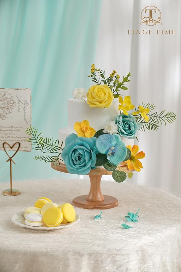 TINGE TIME Artificial Flowers Combo Set Teal Blue & Yellow Flowers Mix Silk Flowers Roses with Stem for DIY Wedding Bridal Bouquets Baby Shower Floral Arrangement Table Centerpieces Home Decorations