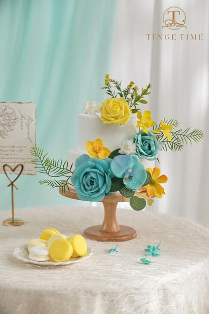 TINGE TIME Artificial Flowers Combo Set Teal Blue & Yellow Flowers Mix Silk Flowers Roses with Stem for DIY Wedding Bridal Bouquets Baby Shower Floral Arrangement Table Centerpieces Home Decorations
