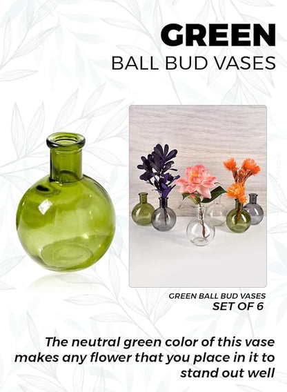 Serene Spaces Living Set of 6 Small Green Ball Bud Vases, Transparent Glass Vases for Weddings, Events, Parties, Floral Centerpieces for Home Decor, Measures 4" Tall