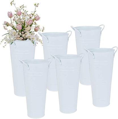 9 Inch Galvanized Metal Vases for Flowers - 6 Pcs Farmhouse Decorative Tall Flower Bucket with Handles, Rustic French Tin Planter Buckets for Wedding Decor (Pure White)