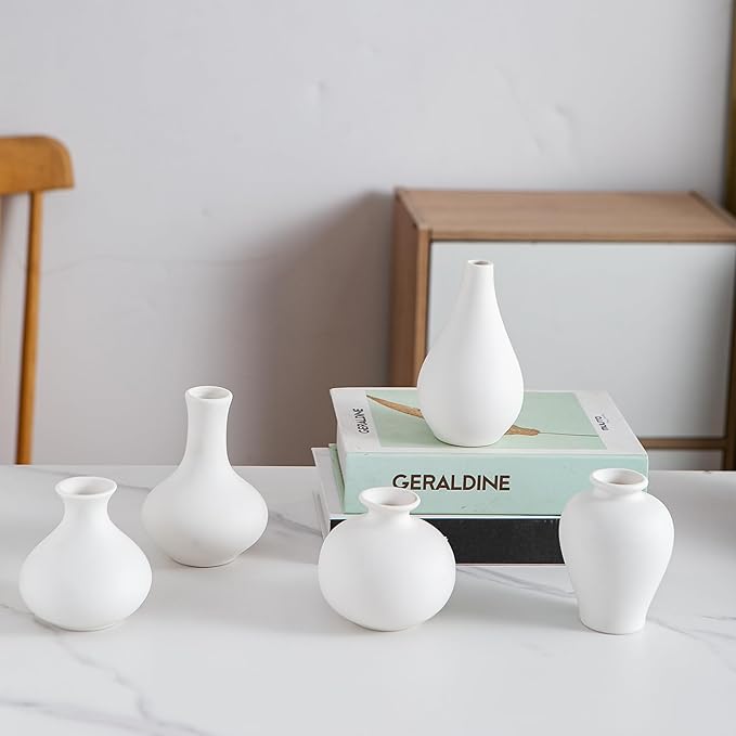 White Ceramic Bud Vase Set of 5, Mini Vases for Flowers, Decorative Small Vases for Home Decor, Boho Wedding Centerpieces, Living Room, Dining Table & Shelf Decor