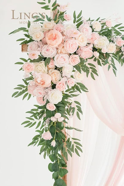 Ling's moment Deluxe Pink Artificial Wedding Arch Flowers with Drapes Kit-Pack of 5, 2pcs Flower Arrangements 3pcs Hanging Sheer Drapes Blush Ceremony Arbor Reception Backdrop Rose Floral Decorations