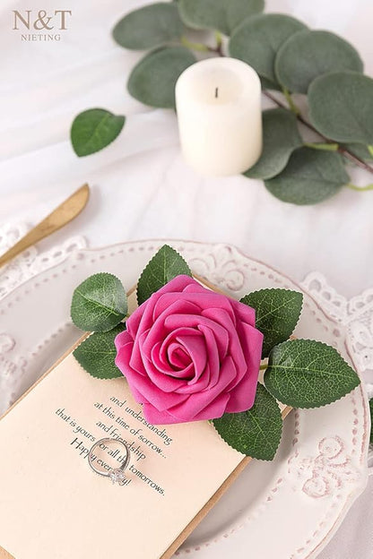 N&T NIETING Artificial Flowers, Hot Pink Artificial Roses, 50pcs Fake Flowers with Stem for DIY Wedding Bouquets Centerpieces Bridal Baby Shower Party Home Arrangement Decoration