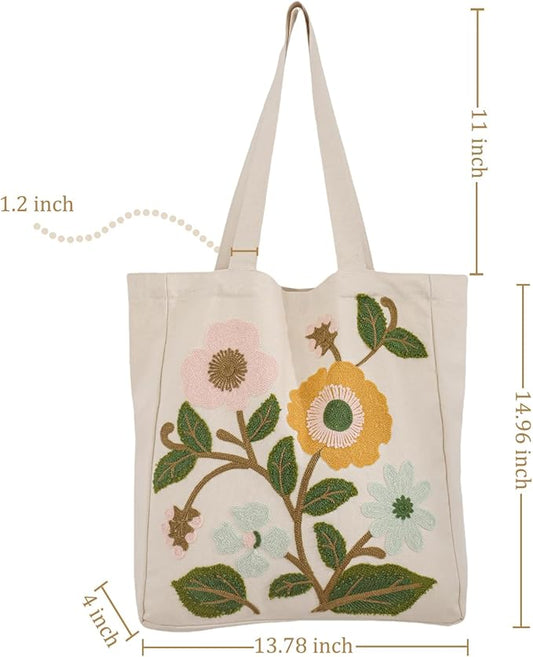 Aesthetic Embroidery Tote Bag for Lady Cute Reusable Canvas Shoulder Bag for Girls Women Shopping Grocery