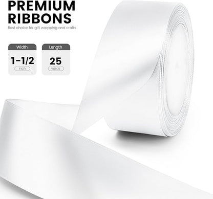 1-1/2" x 25 Yards Satin Ribbon, White Silk Ribbon Ideal for Gift Wrapping, Floral Bouquets, Crafts, Wedding Party Decorations, Christmas and Sewing Projects