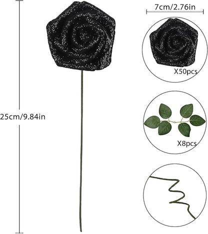 Black Glitter Roses,50PCS Fake Roses 2.76" Foam Flowers Artificial Roses Artificial Flowers for Wedding Christmas DIY Wreath Home Table Floral Arrangement(Black)