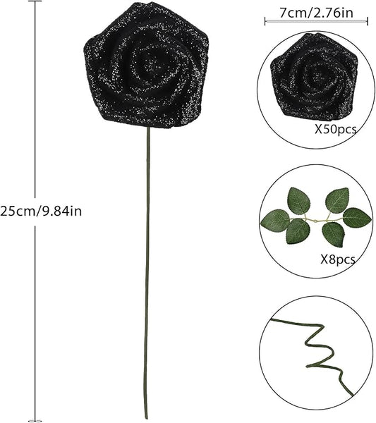 Black Glitter Roses,50PCS Fake Roses 2.76" Foam Flowers Artificial Roses Artificial Flowers for Wedding Christmas DIY Wreath Home Table Floral Arrangement(Black)