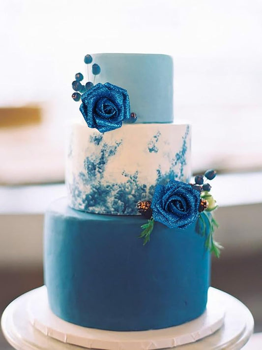 Blue Roses Artificial Flowers 30 PCS 2.17 in Glitter Roses Foam Flowers Glitter Flowers with Stem for DIY Wedding Bridal Bouquet Party Centerpieces Decor(Blue)