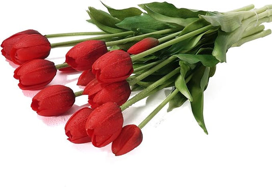 15Pcs Fake Tulips Artificial Flowers Real Touch Latex Bouquet Faux Tulips for Centerpiece Arrangements Wedding Party Home Décor (Hot Red)