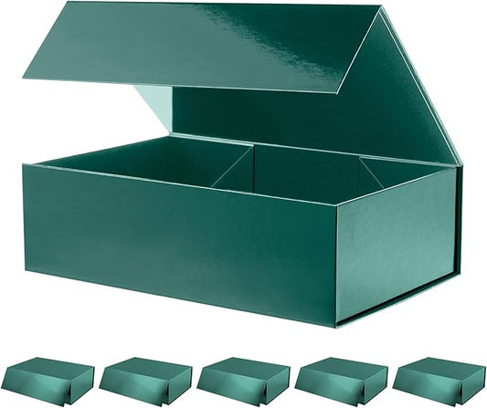 6 Christmas Large Gift Boxes with Lids 13.5x9x4.1 Inches, Green Groomsmen Proposal Gift Boxes with Magnetic Closure for Father's Day or All Occasion (Glossy Green)