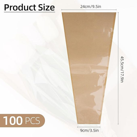 Motroce 100Pcs Flower Bags for Bouquets, 9.5 x 17.9 Inches Flower Bouquet Wrapping Paper Floral Sleeves, Clear Front Kraft Paper Bouquet Bags, Brown