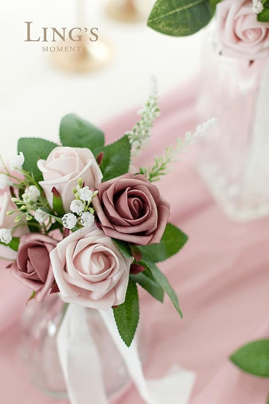 Ling's moment 1.5/2 inch Artificial Rose Taupe & Nude Buds and Petite Roses w/Stem 25pcs for DIY Wedding Boutonniere Corsages Bouquets Centerpieces Decorations