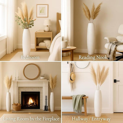 Leewadee Large 26″ Tall Floor Vase, White - Handcrafted Mango Wood for Pampas & Dried Stems