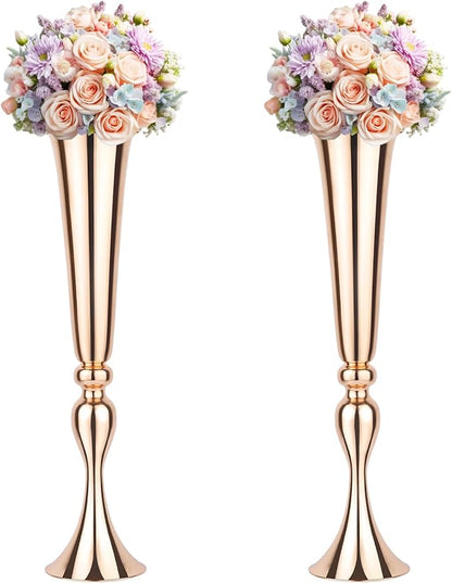 2 Set Rose Gold Vases Centerpieces for Table, Mjkeomo Trumpet Vases 21.9'' Tall Rose Gold Vase for Centerpieces, Table Centerpieces for Party Event, Christmas, Wedding, Valentine's Day