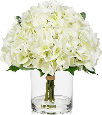 Hollyone Real Touch White Hydrangea Artificial Flowers in Vase Latex Large Faux Hydrangea Flowers Arrangements Hydrangeas Fake Flower with Glass Vase with Faux Water for Table Centerpiece Home Decor