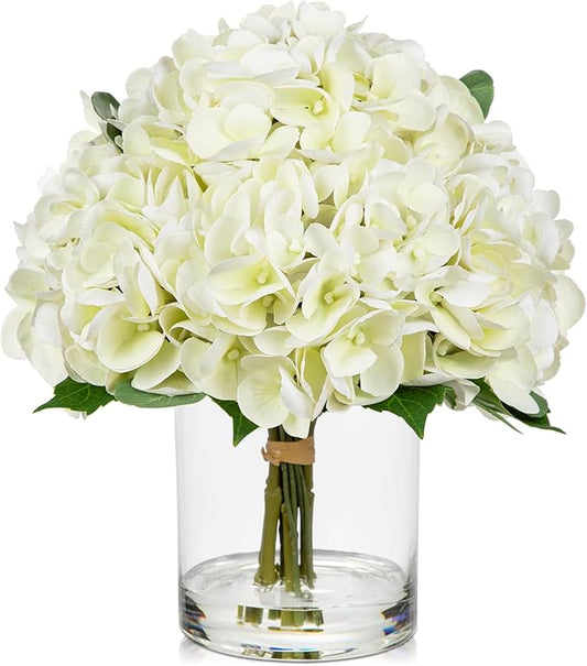 Hollyone Real Touch White Hydrangea Artificial Flowers in Vase Latex Large Faux Hydrangea Flowers Arrangements Hydrangeas Fake Flower with Glass Vase with Faux Water for Table Centerpiece Home Decor