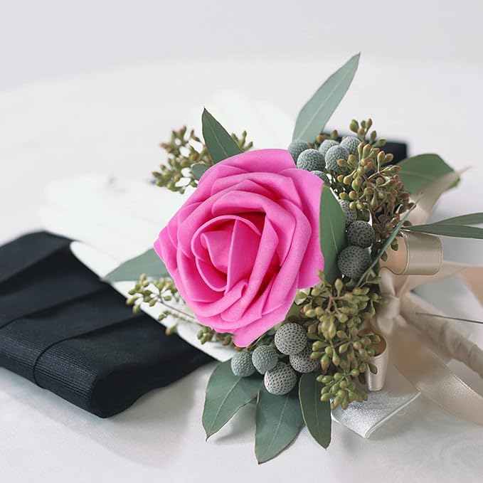 Artificial Roses Flowers 100pcs Fuschia Real Looking Foam Fake Roses with Stems for DIY Wedding Bouquets Bridal Shower Centerpieces Party Decorations (100, Rose Red)