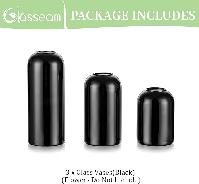Glasseam Bud Vases for Flowers, Cute Black Vase Set of 3, Small Glass Vases for Decor, Handmade Unique Decorative Vases for Living Room Decorations, Minimalist Modern Flower Vases for Centerpieces