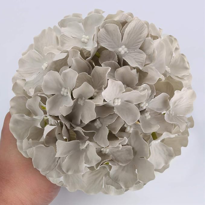 Flojery Silk Hydrangea Heads Artificial Flowers Heads with Stems for Home Wedding Decor,Pack of 10 (Gray)