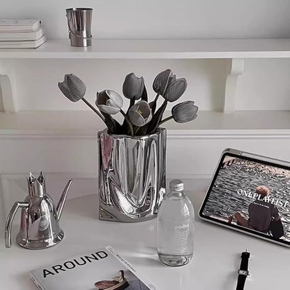 Ceramic Silver Flower Vase, Crinkle Paper Shape, Metal Decorative Home Accent (Large)