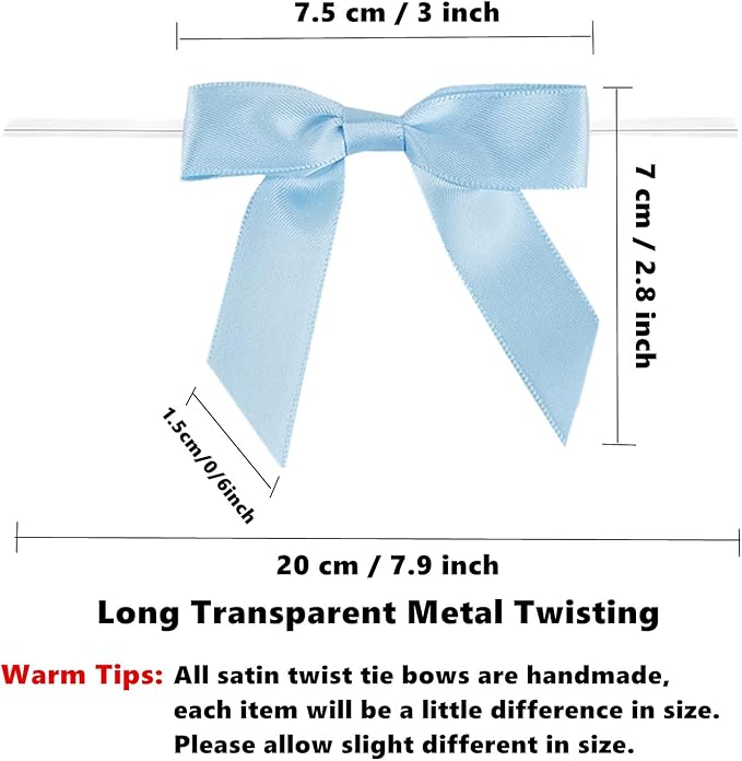 100 Pieces 3 inch Satin Ribbon Twist Tie Bows, Blue Pretied Bows with Twist Ties, Twist Bows Treats Bags, Bow Ties for Treats, Cake Pops, Baby Shower, Crafts, Gift Wrapping Favors, Cookies