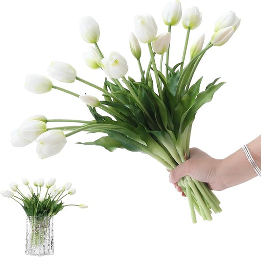 15PCS Artificial Tulips Real Touch White Faux Latex Flowers Lifelike Fake Tulip Bouquet Flowers Arrangements for Wedding Home Kitchen Garden Table Party Decoration