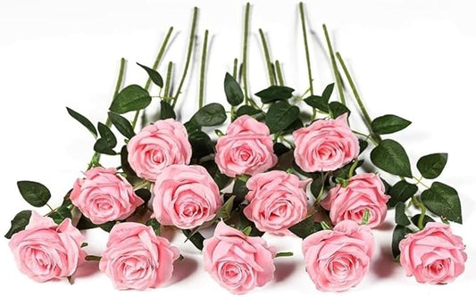 Kisflower 12 Pcs Pink Roses Artificial Flowers with Stems Silk Roses Fake Rose Realistic Flower Bouquet for Wedding Party Office Home Decor (Pink)
