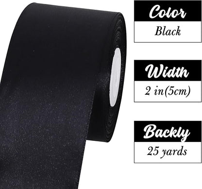 TONIFUL 2 Inch x 25 Yards Wide Black Satin Ribbon Solid Fabric Ribbons Roll for Valentine's Day Crafts Chair Sash Gift Wrapping Invitation Cards Floral Hair Bows Sewing Party Wedding Car Decoration