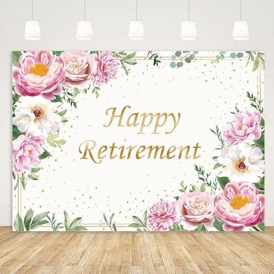 10x7ft Happy Retirement Backdrop for Women Pink Rose Gold Dots Retirement Party Banner White Floral Greenery Leaves Decoration Lady's Retirement Party Decor Congrats Retire Photo Booth Props