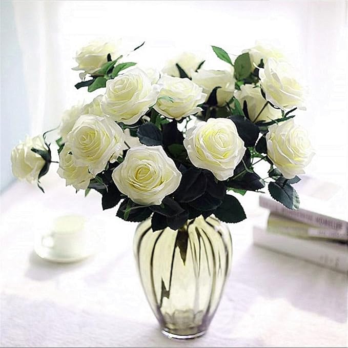 Jasion Artificial Roses 10 Heads 2.8" Flowers Arrangement Silk Bouquet for Home Office Parties Bridal Wedding Decoration (White)