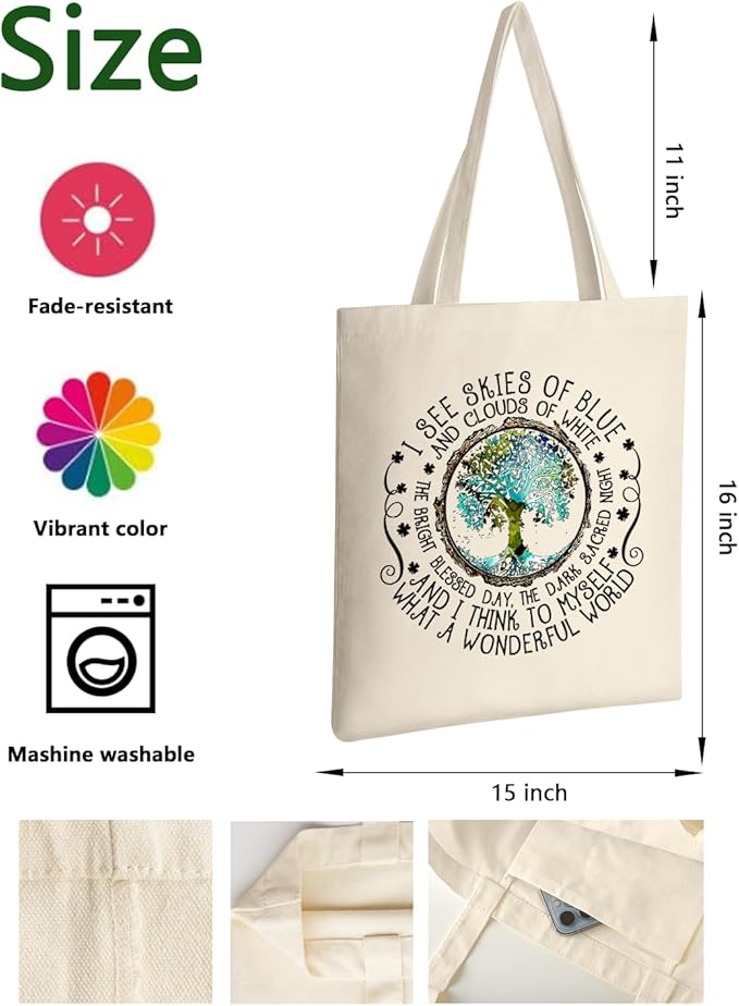 AUSVKAI Cute Canvas Tote Bag Aesthetic for Women Grocery Bags Cotton Beach Totes with Gift-Earth Tree