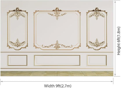 AOFOTO Vintage Room Inside Backdrop Modern French Classic Frame White Walls Gold Embossed Floral Photo Background Wedding Bridal Shower Reception Drama Portrait Photoshoot Backdrop Props 9x6ft