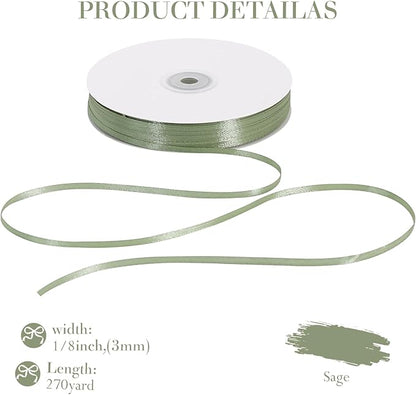 TONIFUL 1/8 Inch x 200 Yards Sage Thin Solid Satin Ribbon Giant Spool Double Face Ribbons for Crafts Hanging Tags Invitation Card Balloons Bouquet Hair Gift Wrapping Party Decoration