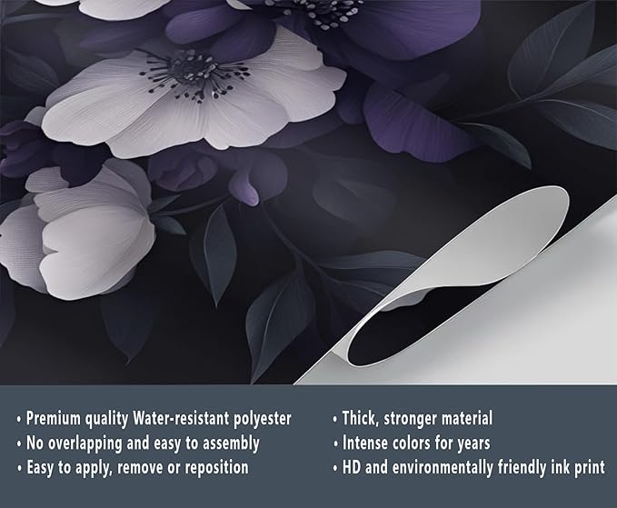 Dark Peony Floral Wall Mural, Purple and Black Flower 3D Wall Murals, Luxury Botanical Wallpaper Mural, for Living Room Bedroom Large Wallpaper Indoor Decor 118" W x 82.6 "H
