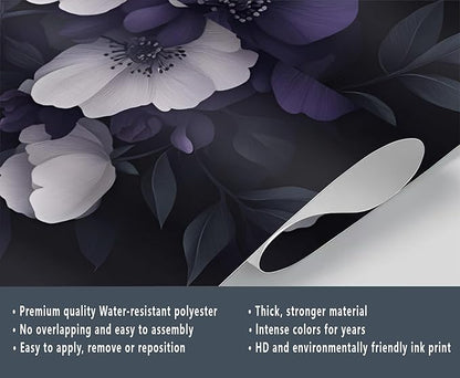 Dark Peony Floral Wall Mural, Purple and Black Flower 3D Wall Murals, Luxury Botanical Wallpaper Mural, for Living Room Bedroom Large Wallpaper Indoor Decor 169.3" W x118.2 H
