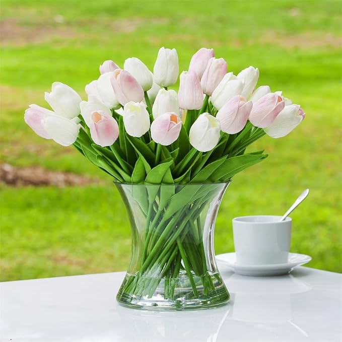 ENOVA FLORAL 40 Heads Artificial Tulips Flowers with Vase Mixed White Pink Colors, Real Touch Tulips Floral Arrangement with Vase, Fake Flowers in Vase for Home Decor, Wedding Centerpieces