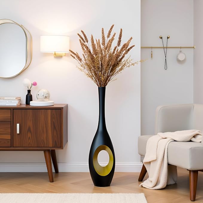 23.6 in Black Floor Vase – Modern Oval Tall Floor Vase with Gold Cutouts & Slim Neck, Decorative Vases for Luxury Home, Office, Wedding Decor – Resin Tall Vases