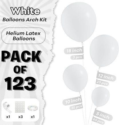 Togvu White Balloons Different Sizes, 123 Packs Matte White Balloons, Pack of 18 12 10 5 Inch White Balloons Garland Arch Kit for Birthday Wedding Baby Shower Party Decorations