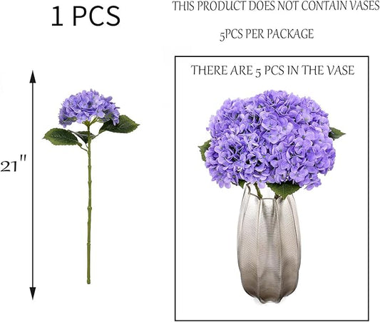 Kimura's Cabin 5Pcs 21inch Lifelike Faux Hydrangea Flowers Real Touch Latex Hydrangeas Long Stem with Leaves Artificial Hydrangea Bouquet for Home Wedding Baby Shower Birthday Party Decoration（Purple）
