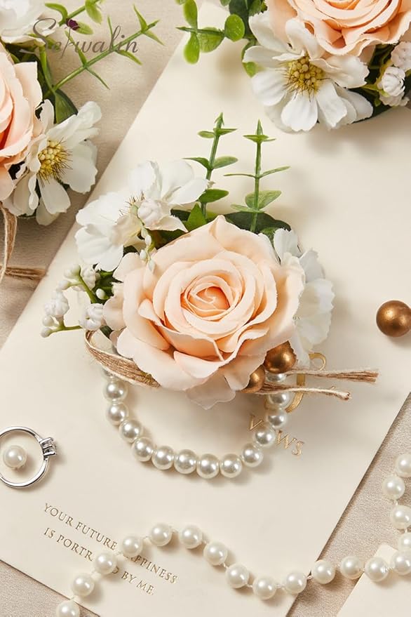 Serwalin 6 PCS Champagne Rose Wrist Corsages Wristlet for Wedding, Corsages for Prom Party Homecoming Corsage Hand Decor for Bride Bridesmaids, Mother of Bride and Groom