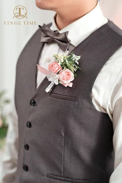 TINGE TIME Boutonniere for Men Wedding,Groom and Best Man Boutonniere for Wedding Ceremony Anniversary, Formal Dinner Party and Rustic Spring Wedding Marriage (10, PeachPink&White)