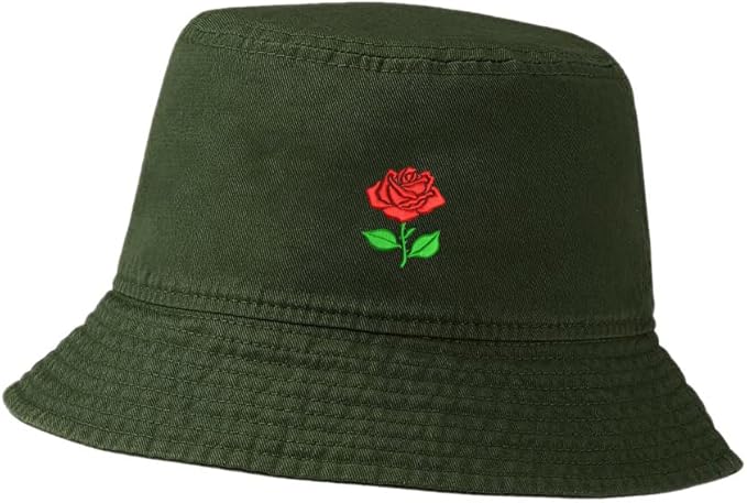 Womens Bucket Hats Rose Flower 2 Embroidered Cotton Bucket Hat Unisex Outdoor Fisherman Hat for Men
