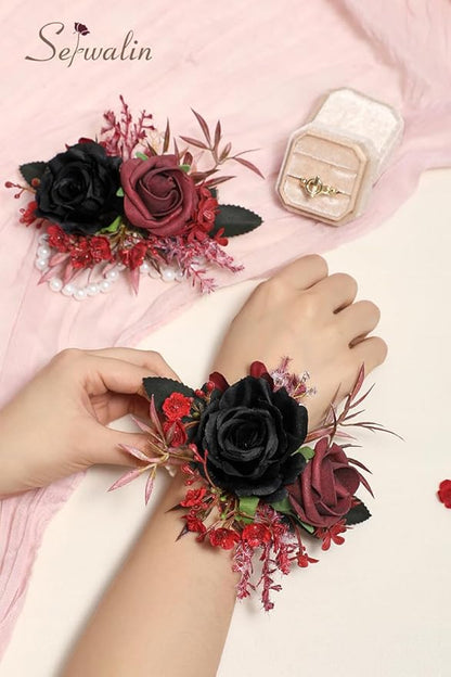 Serwalin Set of 2 Wrist Corsage for Wedding, 6-7inch Corsages Wristlet for Bridesmaid Mother Grandmother, Artificial Flowers for Prom Ceremony Anniversary, Black Burgundy