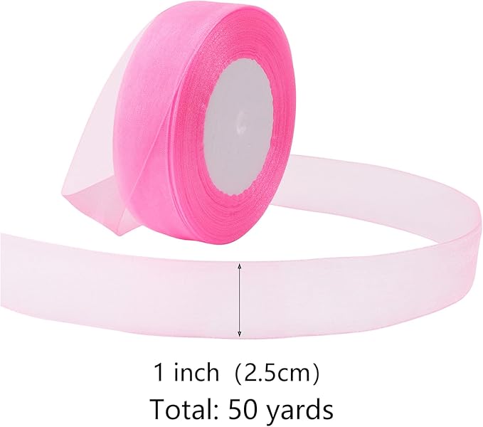 Pink Ribbon for Gift Wrapping 1 inch Sheer Organza Ribbon for Flower Bouquet Tulle Thin Chiffon Ribbons for Wedding Invitations Presents Decorations Crafts 50 Yards