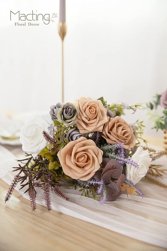 MACTING 30PCS Artificial Flower Roses Fake Flowers with Stem Foam Roses for DIY Wedding Bouquet Table Centerpieces Party Holiday Baby Shower Home Spring Valentines Day Decorations,Light Brown