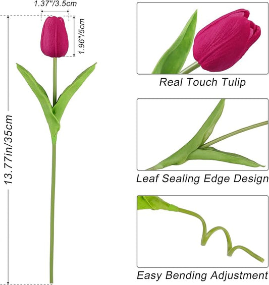 Beferr 18pcs Tulips Artificial Flowers Faux Tulip Real Touch Fake Flowers Bouquets Arrangements for Mothers Day Easter Spring Flowers Gifts Home Table Decor Rose Red