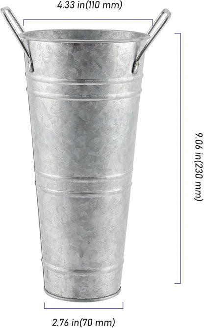 4 Pack 9 Inch Tall Galvanized Flower Bucket, Silver Farmhouse French Flower Bucket with Handle, Small Rustic Buckets Vintage Metal Vases for Flower, Centerpieces, Floral Wedding Arrangements